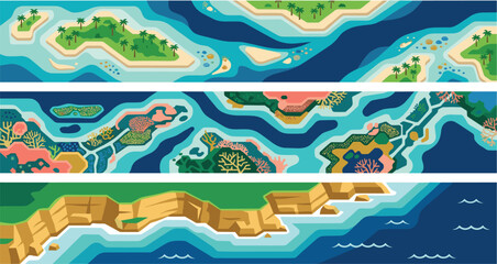 Fototapeta premium Set of stylized landscape banners featuring tropical islands vibrant coral reefs and coastal cliffs in flat vector style