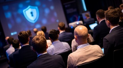 Fototapeta premium Audience at tech seminar showcasing glowing shield screen, corporate presentation setting and attentive professional crowd, focusing on data privacy and network security