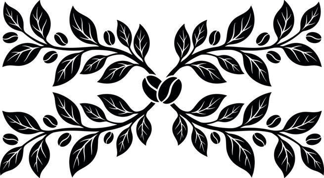 Coffee branch silhouette pattern vector illustration of black leaves and roasted coffee beans isolated on white background