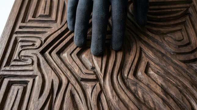 Carpenter hands wearing dark safety gloves examine the deep, geometric channels carved into a high-quality hardwood board with dramatic lighting.