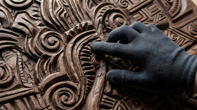 Woodworking artist wearing dark protective gloves touches the complex, spiraling ridges of a custom carved wooden artwork with visible tool marks.