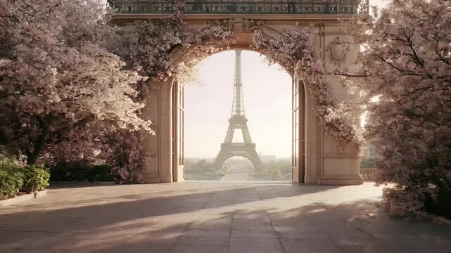 Paris, France, Europe. A vivid portrayal of the Eiffel Tower in Paris, France, bathed in the soft glow of the setting sun.