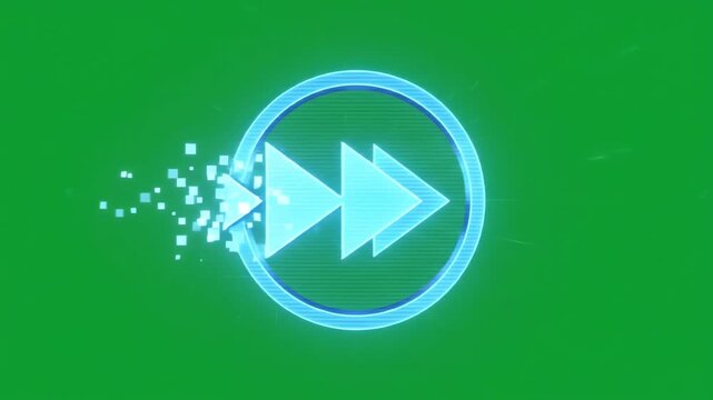 Digital rewind button icon with double arrows animating on green screen background for video editing and multimedia production