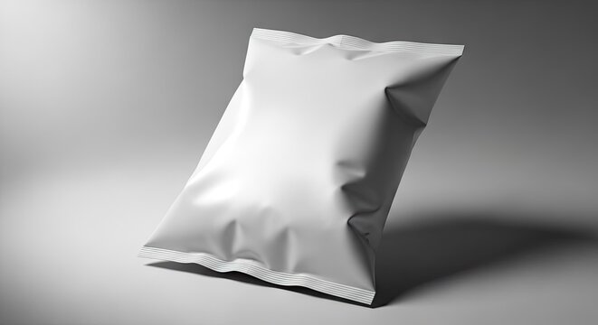 Blank white snack bag mockup on gray background.