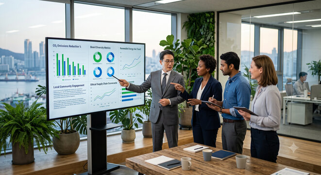 Diverse corporate executives analyzing ESG sustainability report on digital screen.