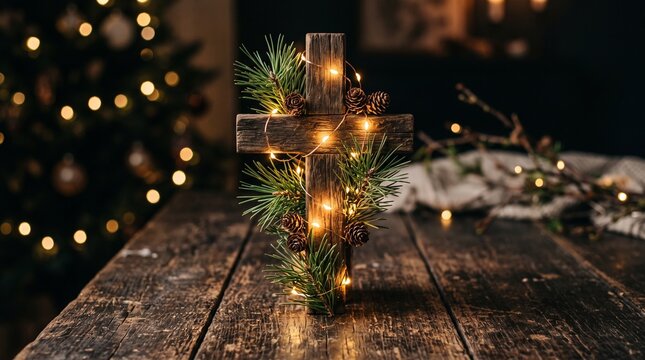Rustic wooden cross with Christmas lights and pine branches, religious holiday centerpiece on weathered wood table, spiritual winter decor