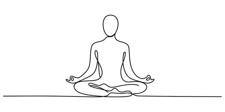 Minimalist continuous single line drawing of a person sitting in a lotus yoga pose for meditation and mindfulness practice in a simple artistic style Vector, illustration