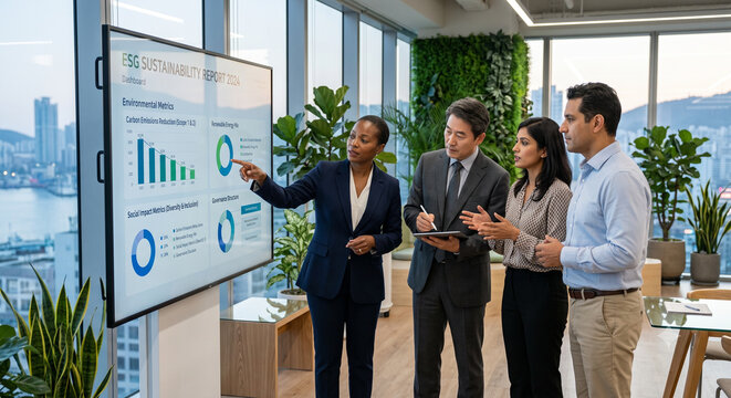 Diverse corporate executives analyzing ESG sustainability report on digital screen.
