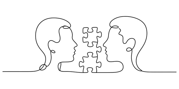 Continuous single line drawing of two human heads facing each other with a jigsaw puzzle piece connecting them as a symbol of mental connection and logic Vector, illustration
