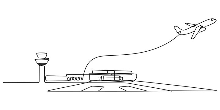 Continuous single line drawing of an airplane taking off from an airport runway with a control tower in a minimalist style for travel and vacation design Vector, illustration