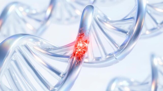 Illustration of a DNA double helix break with red accents