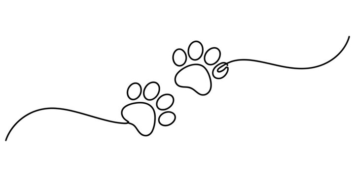 Continuous single line drawing of two animal paw prints walking forward as a simple creative path design for pet shop branding or veterinary clinic logo art Vector, illustration