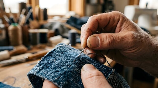 Artisan hands guide a thin silver needle through heavy blue denim to secure a fabric patch on a workbench.
