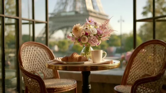 Paris, France, Europe. A still life photograph captures a serene outdoor setting, likely a cafe or restaurant, with a view of the Eiffel Tower in the background.