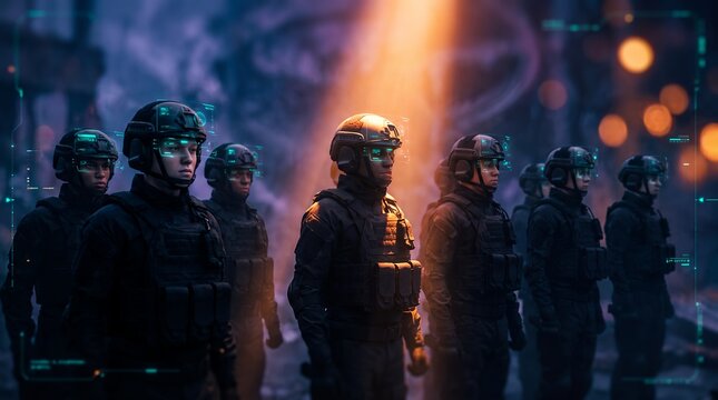 Futuristic soldiers in tactical formation featuring high-tech helmets, digital visors and combat gear, representing advanced military defense and futuristic warfare strategy
