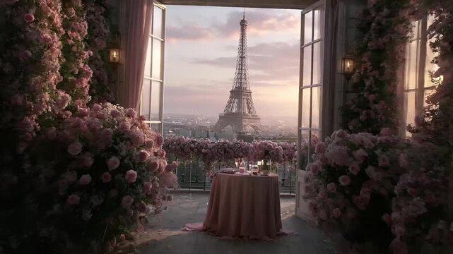 Paris, France, Europe. A romantic, highresolution depiction of the Eiffel Tower in Paris, France, bathed in soft pink and purple hues from the setting sun.