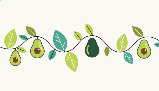 Cute border of cartoon avocados hanging on a wavy green vine with diverse green leaves on an off-white background.