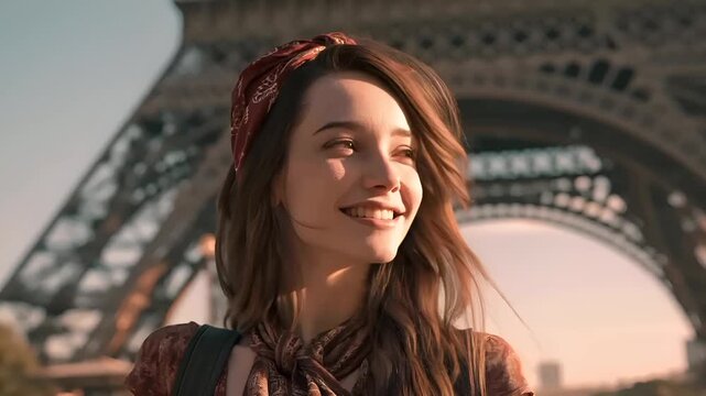 Paris, France, Europe. A portrait of a young woman standing in front of the Eiffel Tower in Paris, France. She wears a red headband and a patterned blouse. Her long.