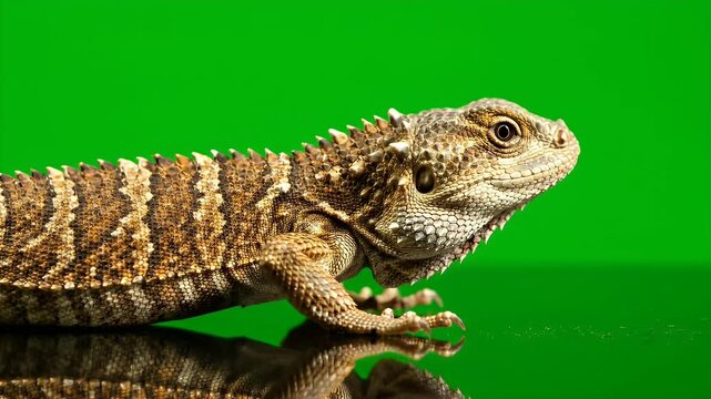 Bearded dragon lizard standing on a reflective surface against a green background