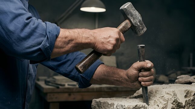 Stonemason uses a heavy mallet to drive a sharp iron chisel into a massive piece of natural stone, working under warm overhead workshop lighting.