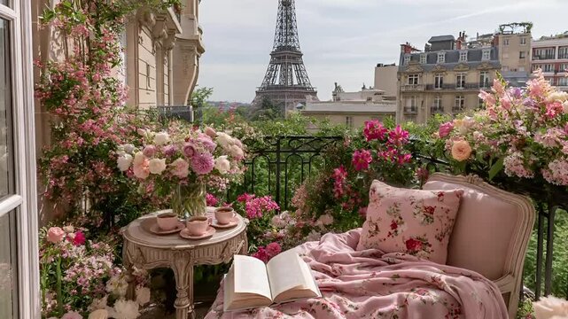 Paris, France, Europe. A vivid portrayal of a balcony in Paris, France, with the Eiffel Tower visible in the background. The balcony is adorned with pink and white roses, creating a romantic ambiance.