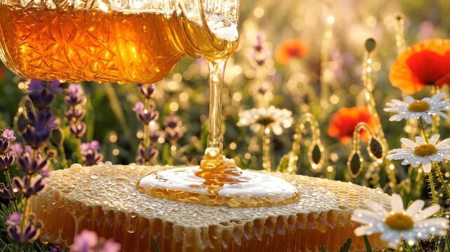 Golden honey dripping from a tilted glass jar onto a honeycomb surrounded by spring wildflowers in warm morning sunlight