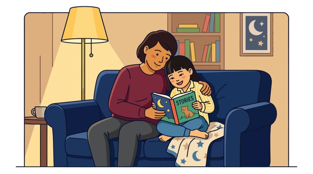Parent reading bedtime story to child on sofa, cozy evening, warm lamp light, illustration for family and education
