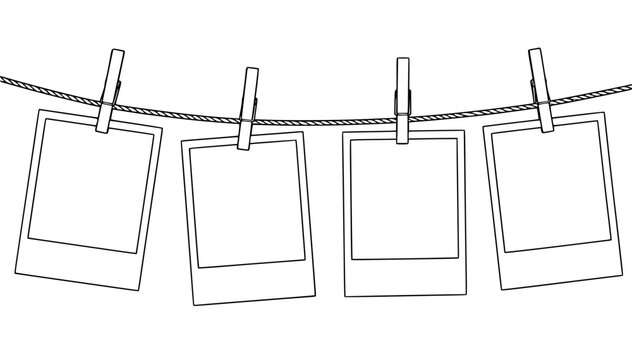 minimalist hanging polaroid photo frames with clothespins black outline vector illustration