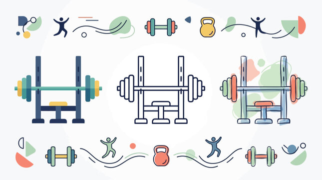 Weightlifting equipment icons feature barbell racks and kettlebells arranged in a decorative pattern.