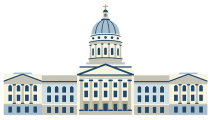 Obraz premium Symmetrical flat illustration of a grand capitol building with a large dome and columns under a white background.