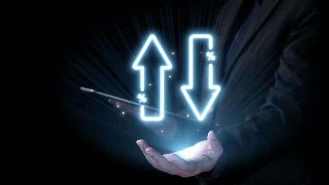 This image depicts a hand holding glowing arrows representing cost and quality trends, symbolizing growth and performance in business management and strategy. Qubit