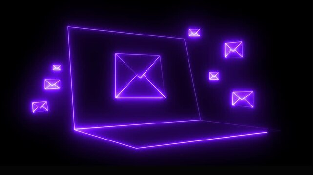 neon message icon animation with black background. message icon concept. cybersecurity data breach concept, Glowing email icon on a laptop screen. Message mail box 4k video.
