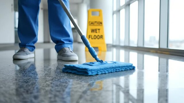 Professional janitor mopping a shiny office floor with a yellow caution wet sign