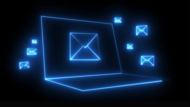 neon message icon animation with black background. message icon concept. cybersecurity data breach concept, Glowing email icon on a laptop screen. Message mail box 4k video.
