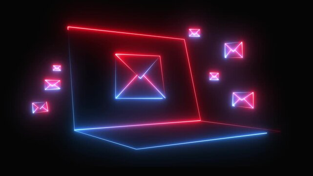 neon message icon animation with black background. message icon concept. cybersecurity data breach concept, Glowing email icon on a laptop screen. Message mail box 4k video.