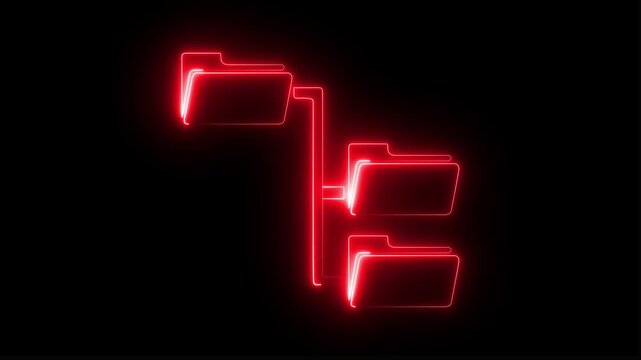 Neon Folder tree line icon on black background Computer network file folder organization structure flowchart. glowing neon page file animation icon. 4K Video motion graphic icon.