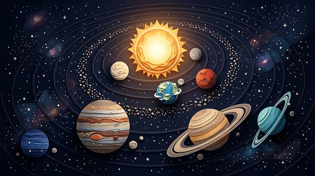 Solar system paper cut style illustration with sun and planets