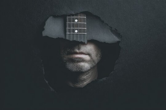 A person's face peeks through a torn hole, obscured by a guitar neck