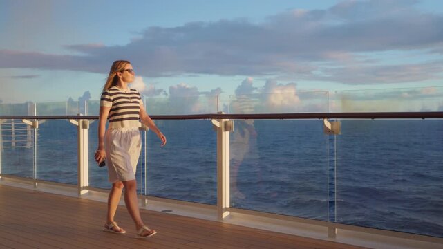 Young woman in striped shirt walks along cruise liner deck in Caribbean Sea during golden hour. Glass railing reflects her silhouette against blue ocean waters and dramatic clouds at sunset.