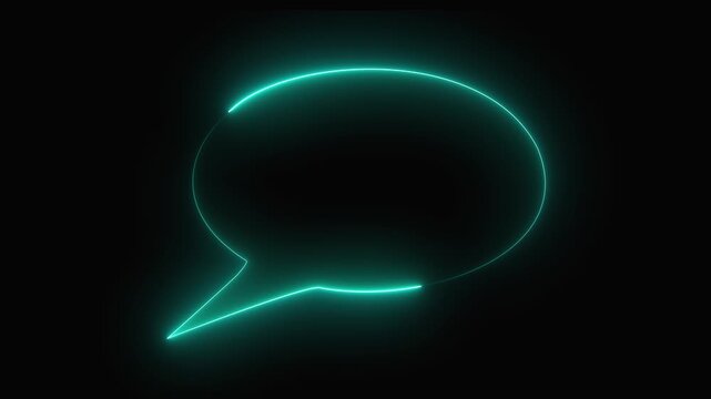 A neon sign in the shape of a comic book speech bubble, with an oval outline, flickering on and off at irregular intervals, glowing in a purple color icon video.