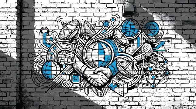 Global Business Connections and Communication Network Art on Brick Wall Background, Digital Technology Concept