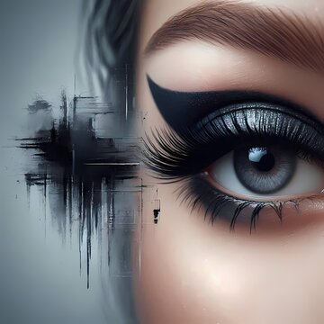 A glitchy glam look with a smeared, dragged liner on one side and a sharp wing on the other, Ai generated image