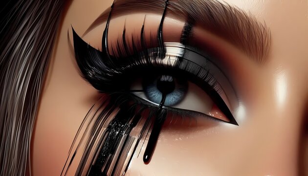 A glitchy glam look with a smeared, dragged liner on one side and a sharp wing on the other, Ai generated image