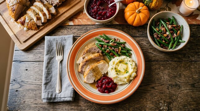 A delicious festive dinner plate with turkey and mashed potatoes served on a rustic wooden table for a happy halloween celebration