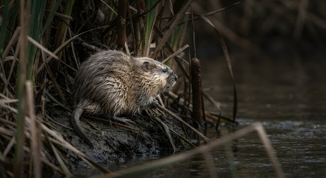 Muskrat sitting on a muddy riverbank among reeds