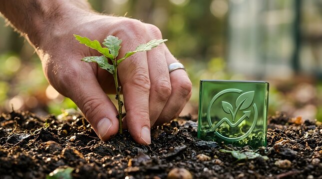 ESG sustainable business growth concept showing hand planting oak sapling near green glass environmental progress icon