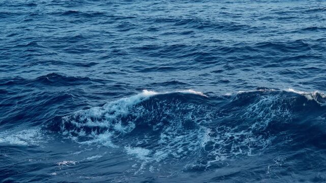 Deep blue ocean waves roll across the open sea creating white foam crests and spray. The dark teal water surface ripples with natural wave patterns showing the power of the ocean.