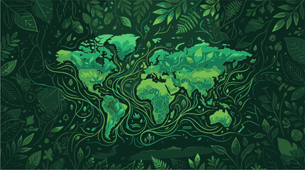 World map with green leaves and vines illustration background environment botanical vegetation cartography © Abdul