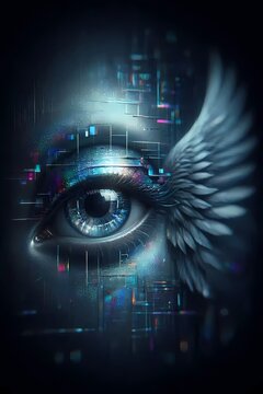 A glitchy holographic eye with misaligned shimmer lines and a blurred wing, Ai generated image