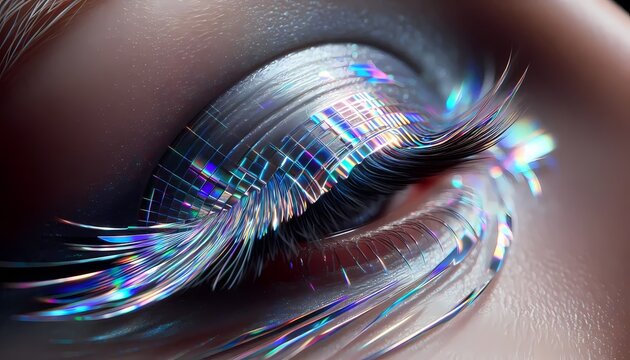 A glitchy holographic eye with misaligned shimmer lines and a blurred wing, Ai generated image